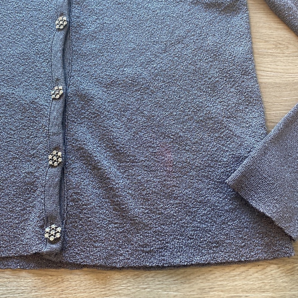 Holt Renfrew Silver Metallic Knit Cardigan | Designer V-Neck Button Sweater - Picture 3 of 9